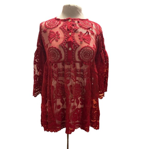Free People Womens Red Lace Embroidered Tunic Dress By Jens Pirate Booty S - Picture 1 of 10